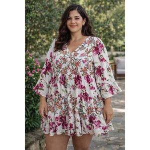 Dress Addict Pink Floral Tiered Babydoll Mini Dress White Long Sleeve V-Neck M